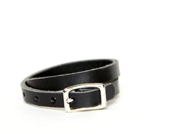 Double Wrap Basic Buckle Bracelet -- Black Leather