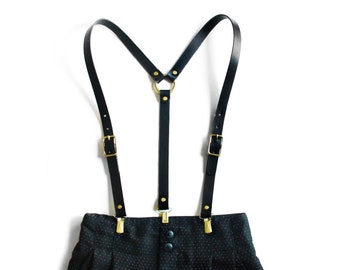 High-Waisted Leather Suspenders (Y-back style) -- Black & Silver