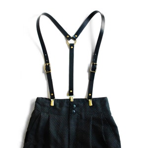 High-Waisted Leather Suspenders (Y-back style) -- Black & Silver