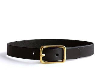 May include: A black leather belt with a brass buckle.