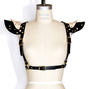 Banshee Harness -- Black & Beige Leather Chest Harness with Pearl Studs