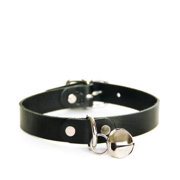 Cat Choker -- Zwarte lederen choker met Jingle Bell