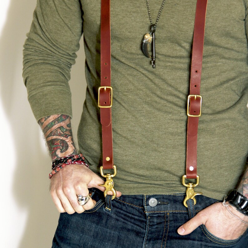 Leather Suspenders Y-back style Chestnut Leather Suspenders image 5