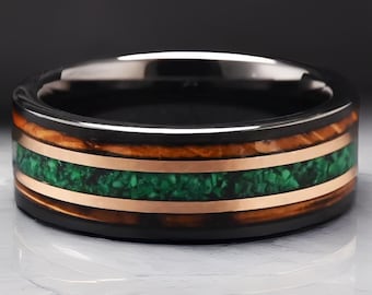 Malachite & Green Opal Ring with burnt Whiskey Barrel wood, Whisky barrel band 8mm Personalized Wedding band His Unique Wedding Band, 8mm