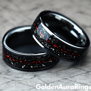 Ring med volfram och meteoritinlägg i dinosaurieben - 8 mm Comfort Fit vigselring