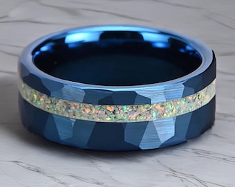 Hammered Meteorite Wedding Band: White Fire Opal Tungsten Ring