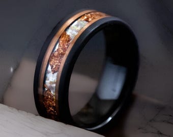 White Opal Ring Tungsten Carbide Black Ring 8mm White Opal, Rose Gold Accents, Mens Opal Ring Promise Ring, October Birthstone, Perfect Gift
