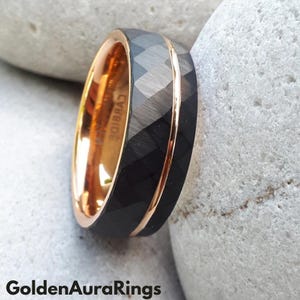 Personalized Black Tungsten Wedding Band: Hammered Rose Gold Inlay