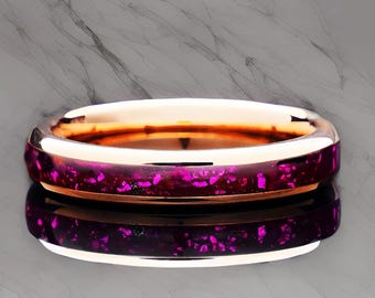 Ruby-Gold Wedding Ring, Birthstone Men/Women Wedding 4mm Band, Crushed Pink Opal Band,Couple  Anniversary Ring, Perfect His Her Gift, 4mm
