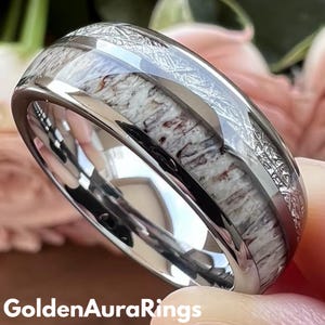 Bague en carbure de tungstène incrusté de bois de cerf météorite, alliance unisexe