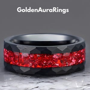 Hammered Black Tungsten Ring: Ruby Inlay, Personalized Wedding Band