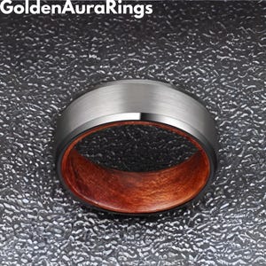 Tungsten Wedding Band: 8mm Wood Inlay Ring, Matte Finish