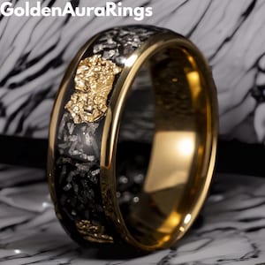 Hammered Black Tungsten Meteorite Ring: Gold Leaf Inlay, 8mm Wedding Band