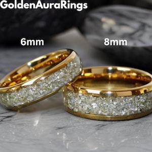Glass Wedding Ring Set, German Silver Glass Wedding Ring, Matching Set, Tungsten Ring Womens Ring 4mm 6mm 8mm, Yellow Gold His and Hers Ring