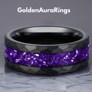 Hammered Black Tungsten Ring: Amethyst Inlay, 8mm Wedding Band