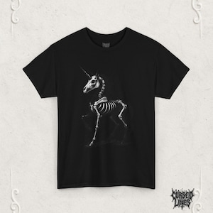 Skeleton unicorn shirt for lovers of dark fantasy and gothic style, creepy mythical tee perfect for Halloween, alt fashion, Cursed Lines