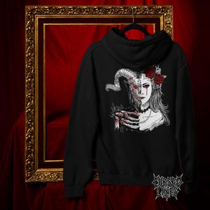 Sudadera con capucha de chica demonio gótica, suéter de terror, ropa de arte oscuro, ropa ocultista, estética espeluznante, moda alternativa, Halloween, líneas malditas
