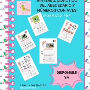 Puede incluir: Material educativo con el alfabeto y los números con aves. Incluye tarjetas con ilustraciones de aves y las letras y números correspondientes. El texto incluye las palabras "Happy Mom" y "Disponible Ya".