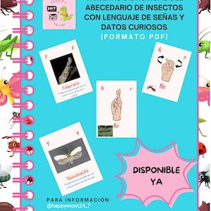 Puede incluir: Un póster educativo turquesa con ilustraciones de insectos y tarjetas didácticas. El póster incluye el texto "TARJETAS DIDÁCTICAS DEL ABECEDARIO DE INSECTOS CON LENGUAJE DE SEÑAS Y DATOS CURIOSOS (FORMATO PDF)" y "DISPONIBLE YA".