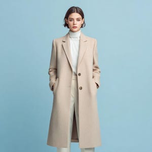 Beige Long Wool Coat for Women – Elegant Winter Overcoat, Fully Lined Outerwear