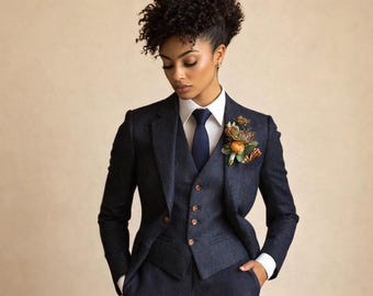 May include: A three-piece navy blue suit with a white dress shirt and navy tie. The suit features a tailored blazer, vest, and trousers. A floral boutonniere adds a pop of color. The suit is a classic and elegant choice for formal occasions.