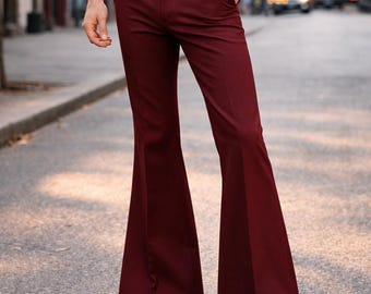 Men's Burgundy Bell Bottom Pants | Retro 70s Flare Trousers | Slim Fit Wedding Outfit