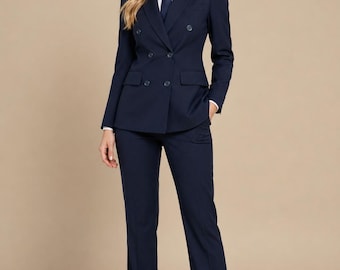 Women’s Navy Blue Tuxedo Suit – Wide Peak Lapel Blazer & Pants Set, Formal Wedding Suit