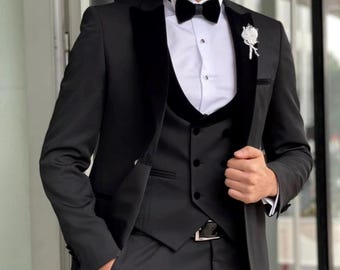 Eleganter 3-teiliger schwarzer Samt-Trim Smoking für den Bräutigam