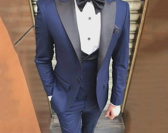 Classico abito da smoking blu navy a tre pezzi per uomo / abito da sposa