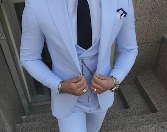 Himmelblauer Herren Designer 3-teiliger Anzug | Elegante Bräutigam-Hochzeits-Abnutzung