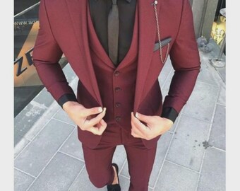 Abito da uomo slim fit in 3 pezzi color bordeaux / Blazer e gilet da matrimonio