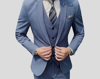 Maßgeschneiderter hellblauer Slim Fit 3-teiliger Anzug : Hochzeit Bräutigam Abnutzung