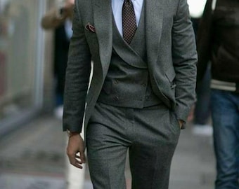 Abito vintage slim fit da uomo in tweed grigio, 3 pezzi