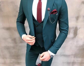 Abito da sposo slim fit in 3 pezzi color verde acqua / Abito da sposo in viscosa e rayon