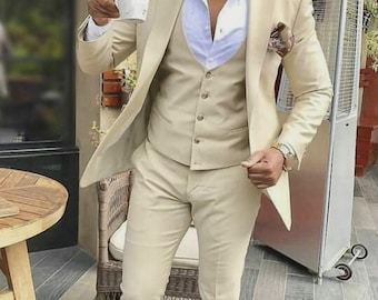 Trendiger Beige Slim-Fit 3-Teiler für Hochzeit & Abschlussball Bräutigam
