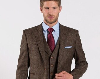 Slim Fit Brown Tweed Men’s Suit | Bespoke Vintage Three-Piece Outfit