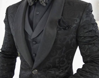 Schwarzer Jacquard Frack, dreiteiliger Schalkragen Revers