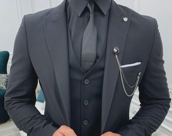 Abito da uomo slim fit nero 3 pezzi / abito da sposa in viscosa e rayon