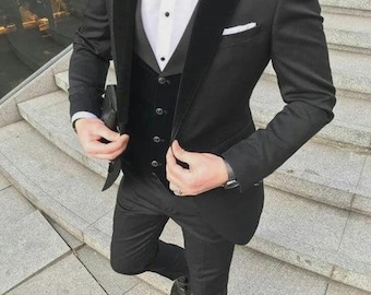 Abito da smoking da uomo in velluto nero a tre pezzi / Abbigliamento formale