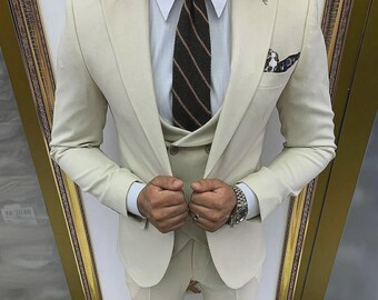 Abito tre pezzi slim fit bianco sporco / abito formale da sposo