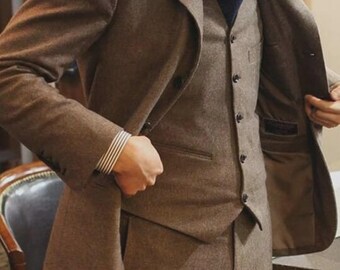 Brown Tweed 3-Piece Men’s Suit | Classic Slim Fit Wedding Attire