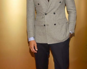 Nude Beige Double-Breasted Suit – Slim Fit Formal Suit with Navy Trousers