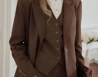 Custom Made Women’s Brown Wool 3-Piece Suit | Slim Fit Wedding & Engagement Outfit