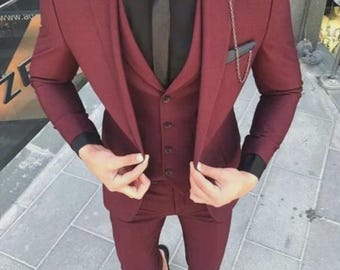 Men's Burgundy Custom Suit | Slim Fit Peak Lapel 3-Piece
