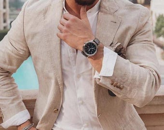 Men’s Summer Linen Suit in Beige – Slim Fit with Tailored Details and Working Cuffs for Groomsmen