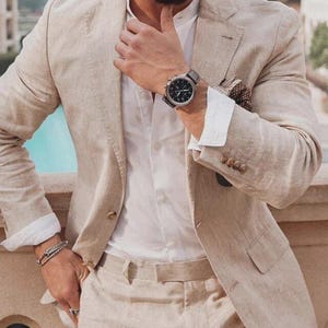 Beige Linen Suit - Slim Fit Two-Piece, Summer Wedding