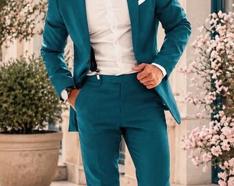 Teal Blue Slim-Fit Suit - Notch Lapel, Rayon Blend