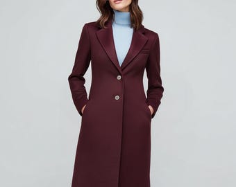 Women’s Burgundy Wool Coat – Tailored Long Winter Overcoat, Classic Outerwear