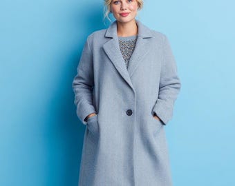 Women’s Long Grey Herringbone Overcoat – Chic Elegant Winter Coat, Tailored Fit