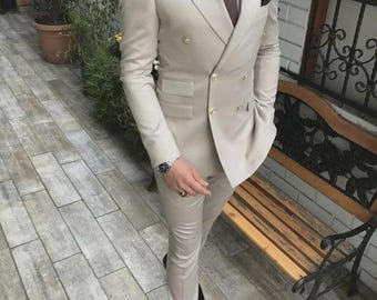 Beige zweireihiger Hochzeitsanzug - Herren Slim Fit Bräutigam Outfit